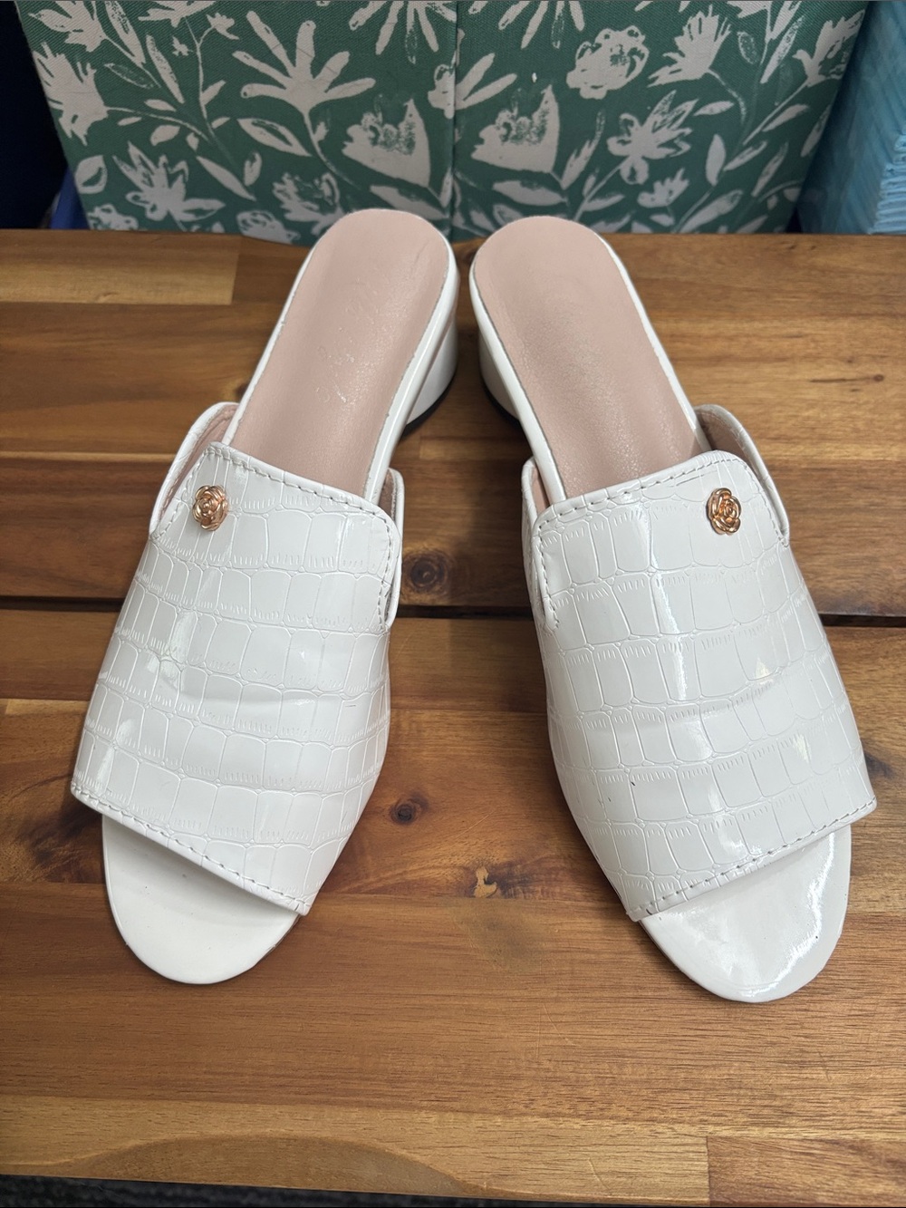 Croc-Embossed White Slide Mules with Rose-Gold Accent